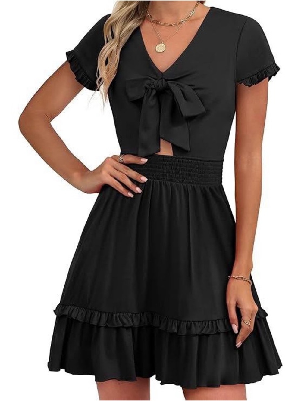 Pretty Garden Black Tie-Front Dress with Ruffle Trim & Cut Out Detail XL